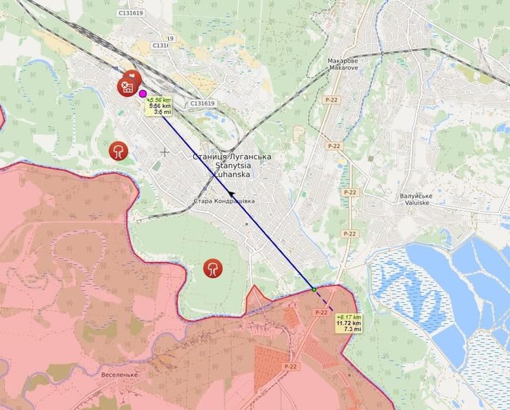 Відстань від дитячого садка в Станиці Луганській до зручної для пострілу позиції на непідконтрольній Києву території