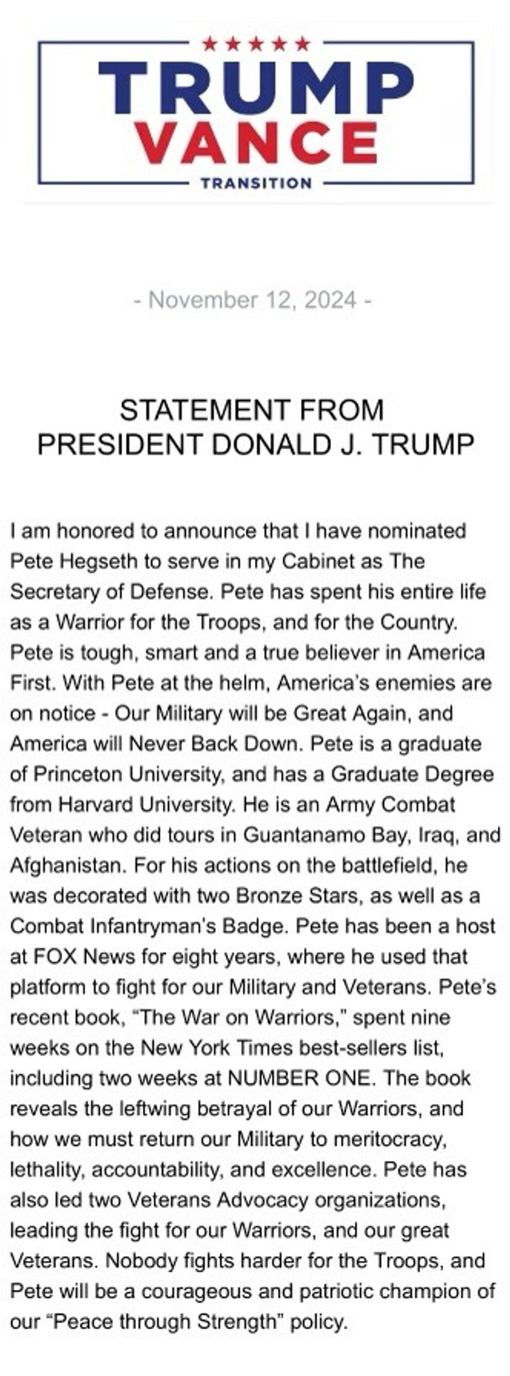 Пит Хегсет, Минобороны США, глава Пентагона, Трамп заявление