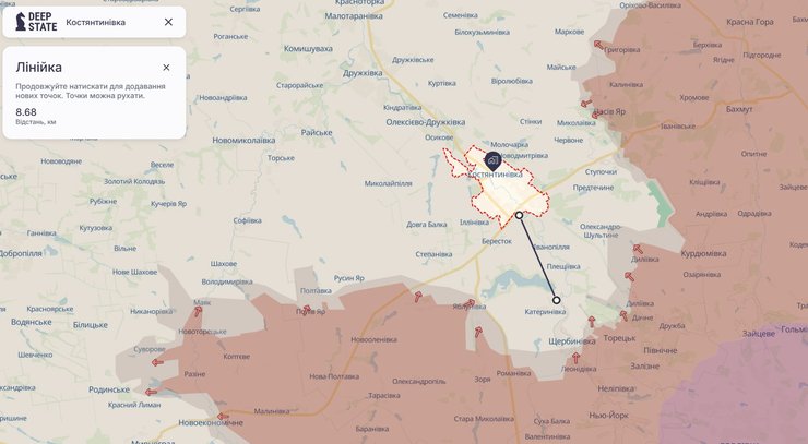 DeepState показал карту линии фронта под Константиновкой 3 августа