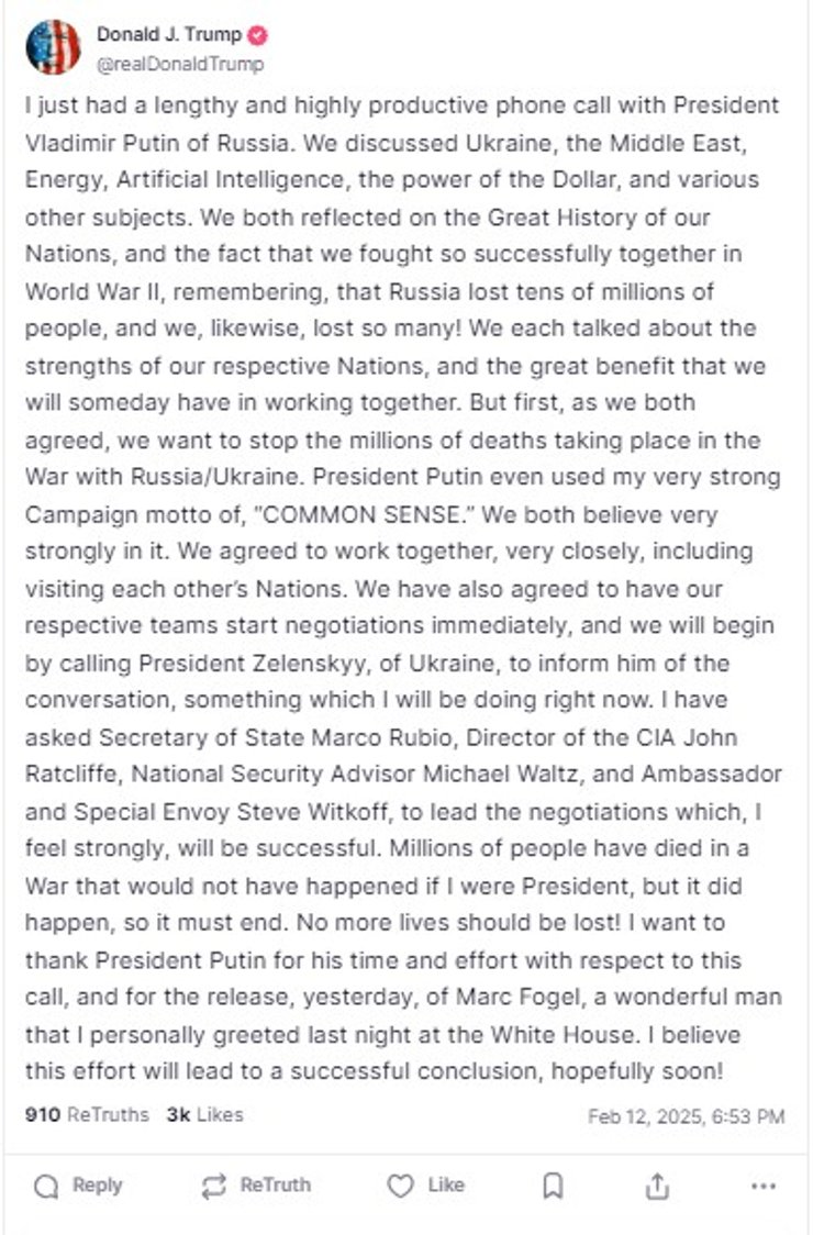 Трамп і Путіна, 12 лютого, телефонна розмова