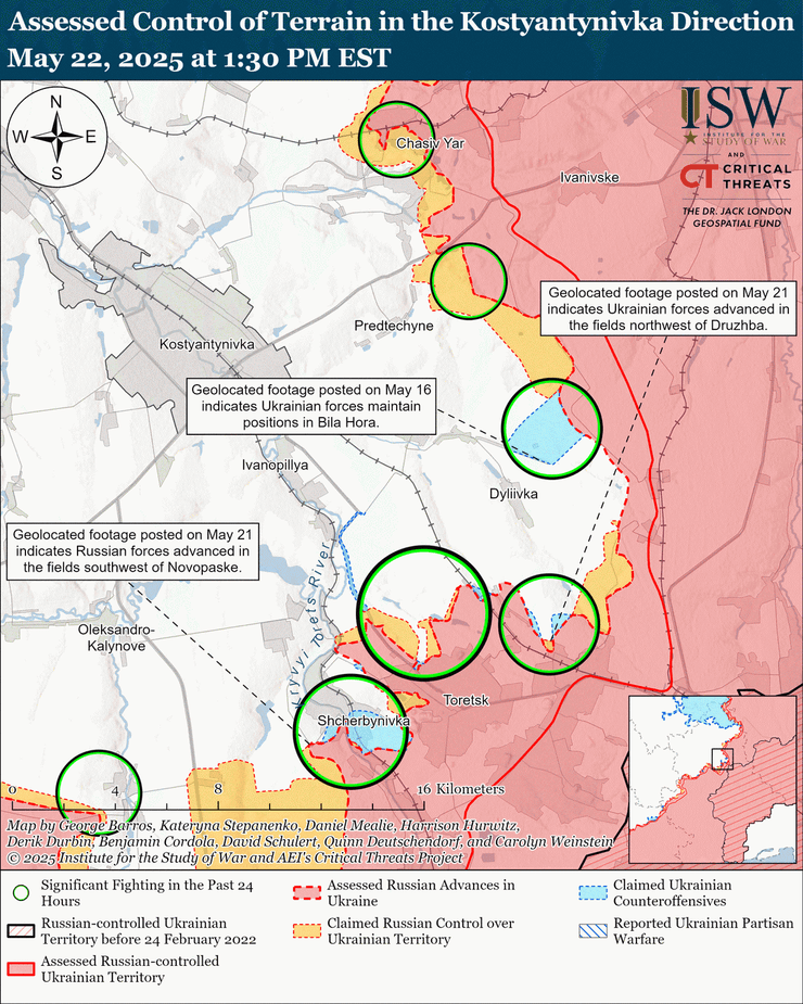 Наступление РФ под Торецком на карте ISW по состоянию на 22 мая
