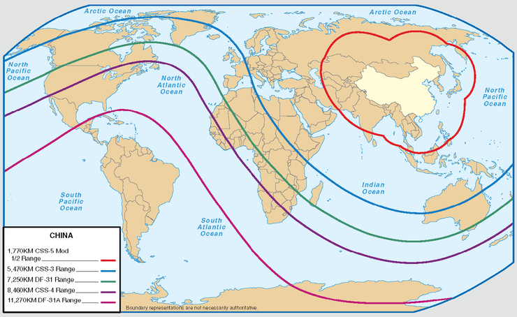 Радиусы действия китайских баллистических ракет