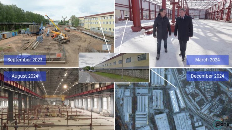Фото нового цеху Воткінського ракетного заводу, побудованого у 2024 році, та супутникові знімки, що показують його місцезнаходження