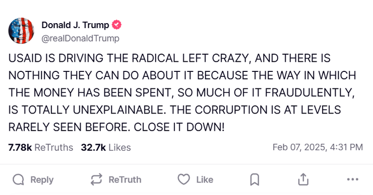 Дональд Трамп, USAID, закрытие USAID, заявление Трампа, Агентство США по международному развитию, Трамп Truth Social