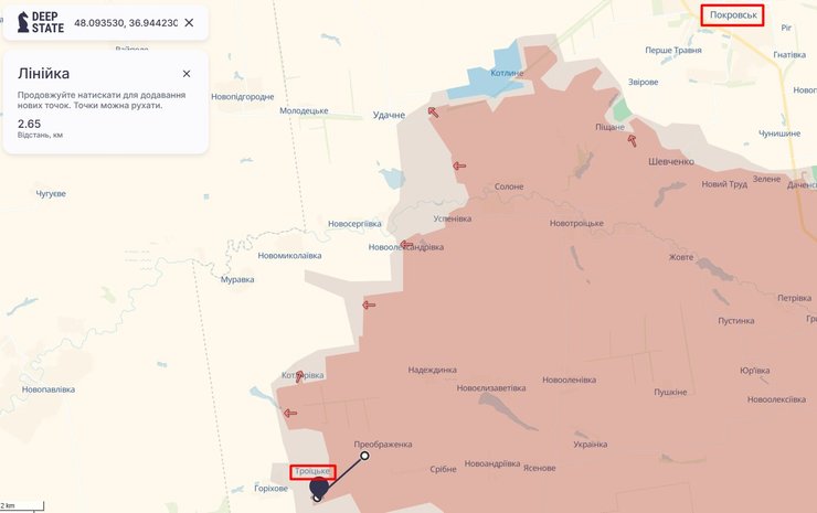 DeepState показав карту наступу РФ 28 травня біля Троїцького на Покровському нпапрямку