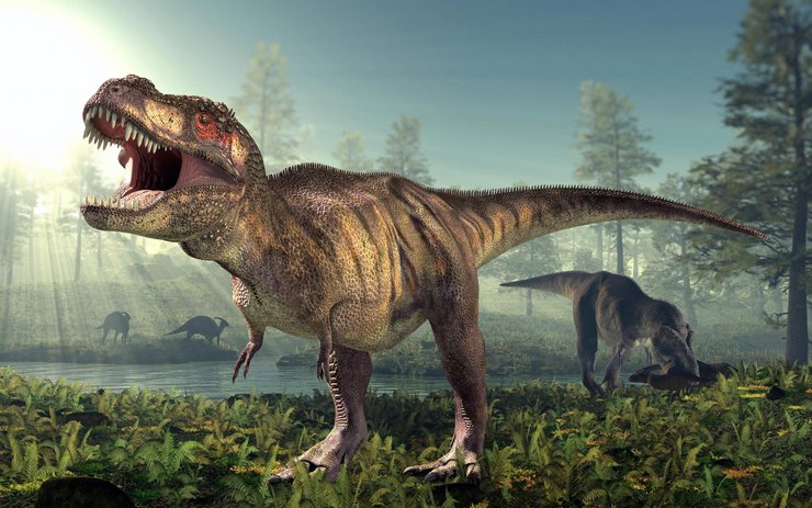 T. rex, динозаври, річка, дерева, фото