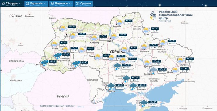 прогноз погоди на 25 грудня