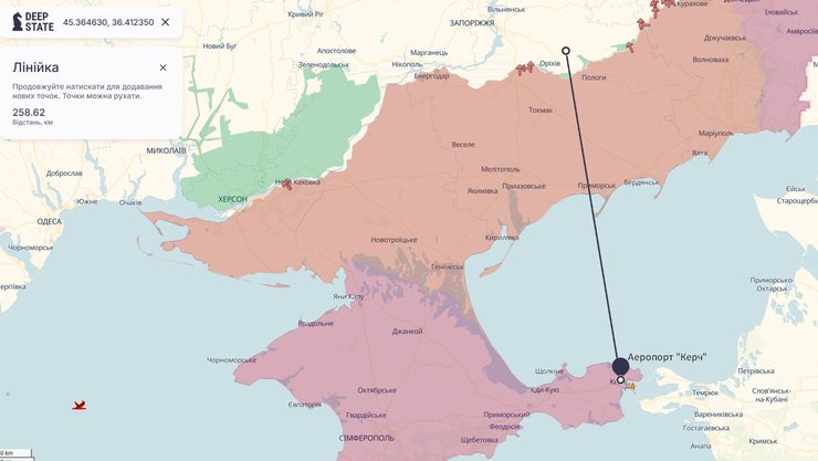 Аэропорт "Керчь" расположен на расстоянии 260 км от подконтрольной Украине территории