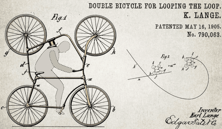 Чертеж двойного велосипеда Карла Ланге с дополнительными колесами для выполнения вертикальной петли