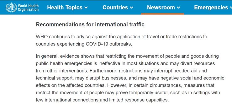 коронавирус, ВОЗ, рекомендации, полеты