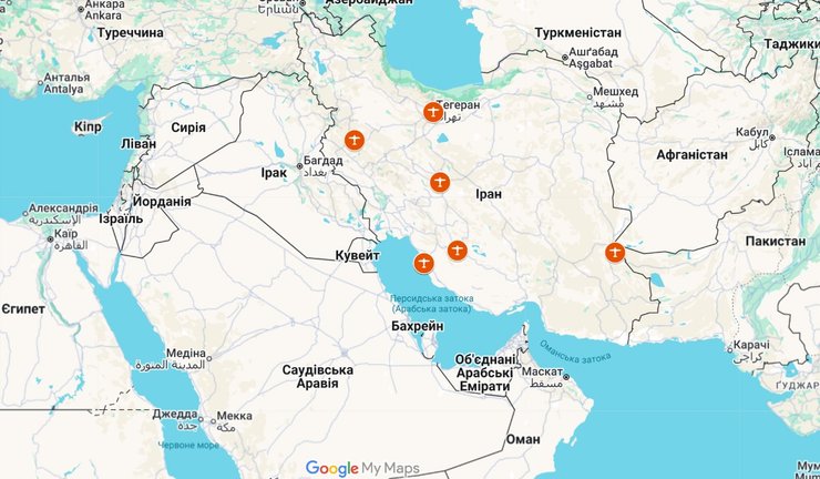 Карта ударов по авиабазам КСИР 28 февраля-6 марта