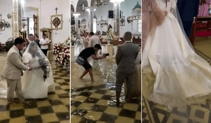 Весільна церемонія, весілля, затоплена церква, затоплений храм, тайфун, паводки, мокра сукня, весілля у воді,