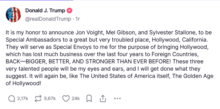 Дональд Трамп, Голлівуд, посли в Голлівуді, призначення Трампа, Мел Гібсон, Сильвестр Сталлоне, Джон Войт