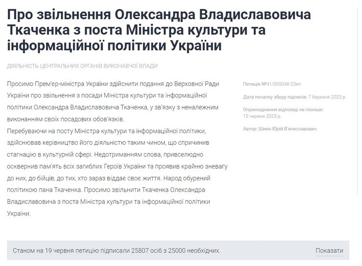 етиція про звільнення міністра культури, шмигаль не підтримав відставку ткаченка, відставка міністра культури України