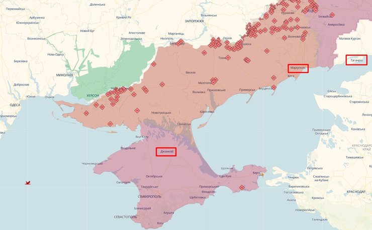 карта с дорогой из Мариуполя на Крым и подразделения ВС РФ, 1 июня