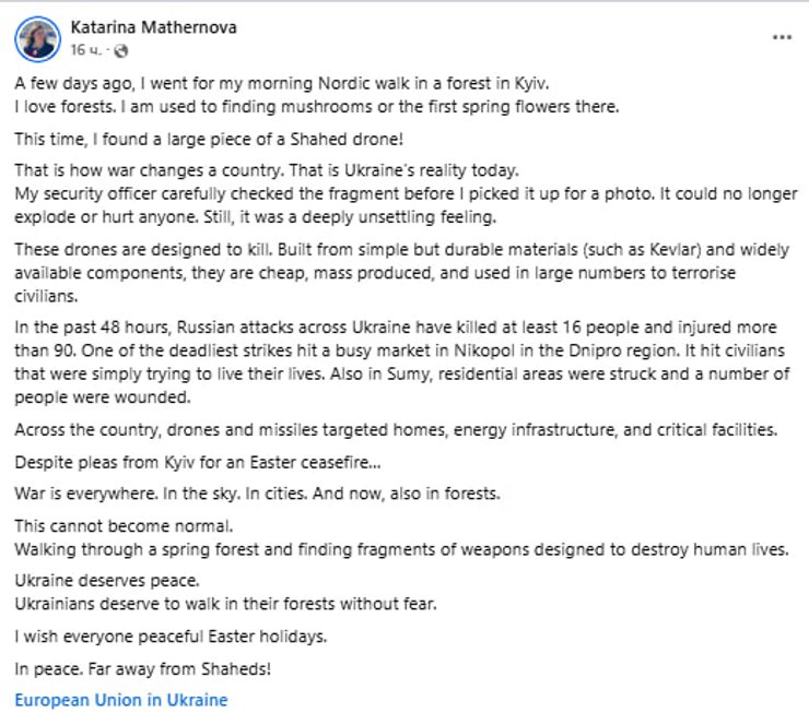 Публікація Катаріни Матернової у Facebook