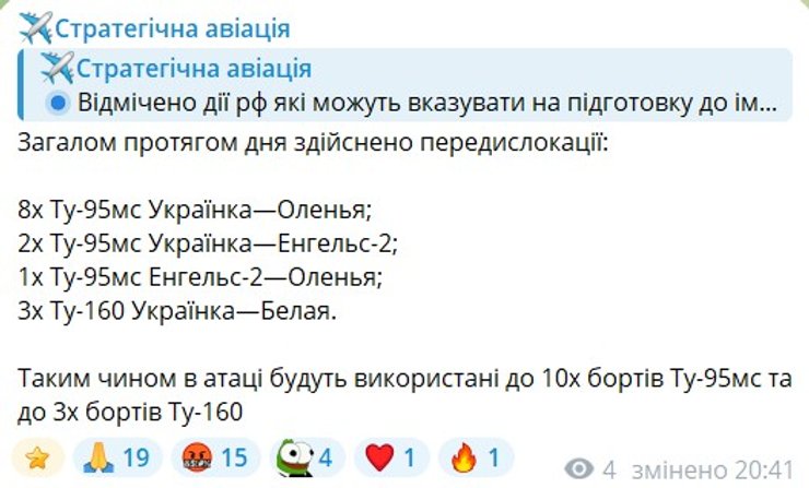 скрин сообщения об активности 11 Ту-95 и трех Ту-160