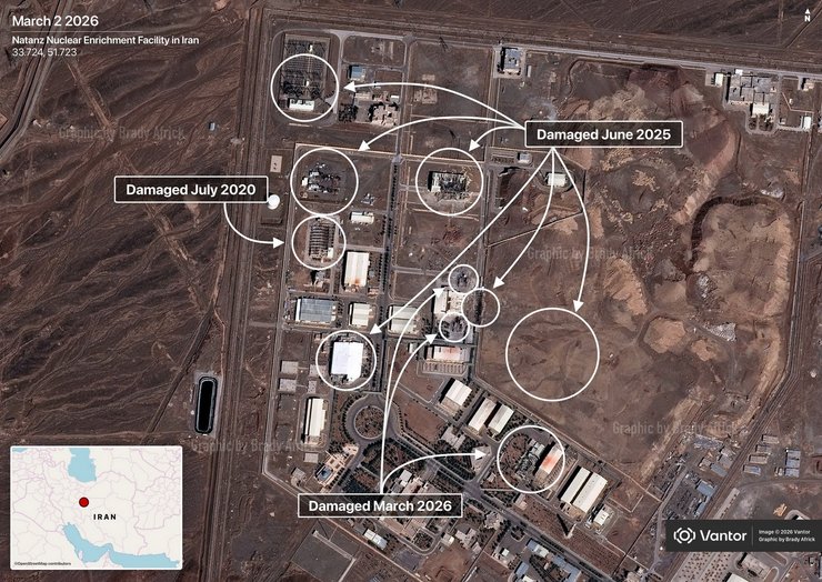 Точки ударов США по объекту Натанз в 2020-2026 годах