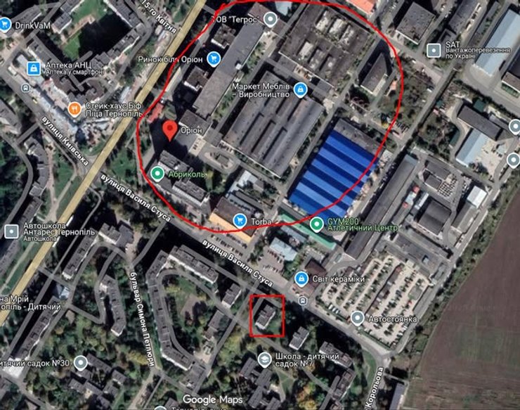 Карта з будинком на Стуса, 8 та заводом "Оріон" у Тернополі