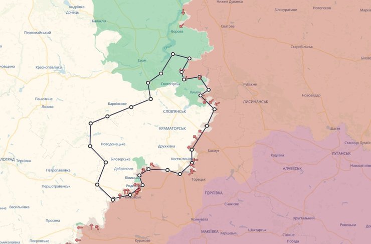 Карта частини Донецької області, не окупованої ЗС РФ, 6 лютого