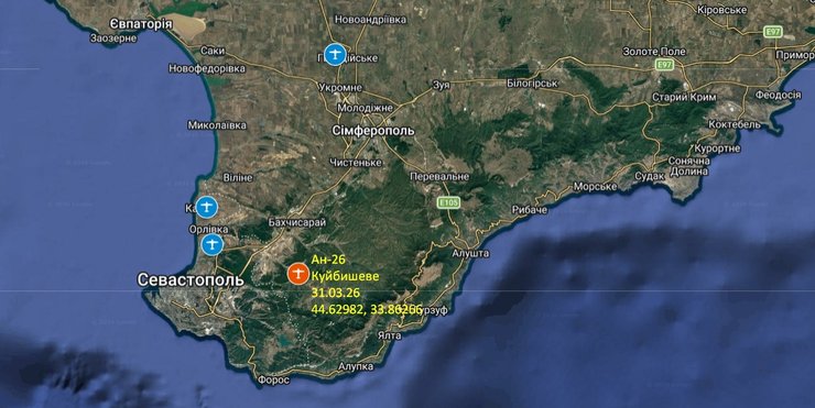 Карта з точкою падіння Ан-26 в Криму 31 березня