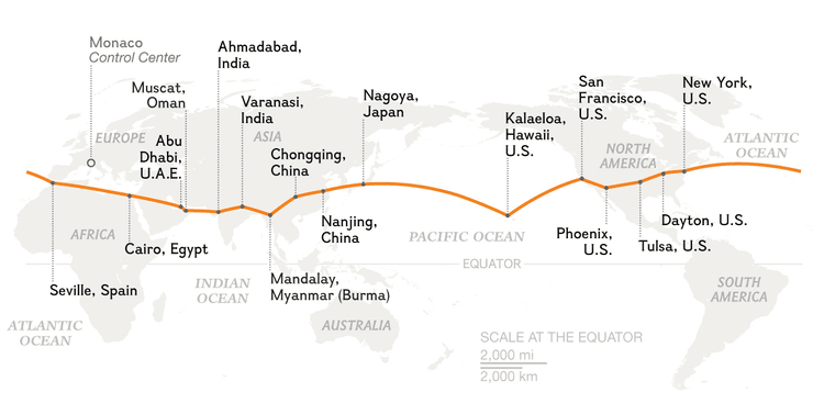 Карта маршруту навколосвітнього перельоту сонячного літака Solar Impulse через Європу, Азію та Північну Америку