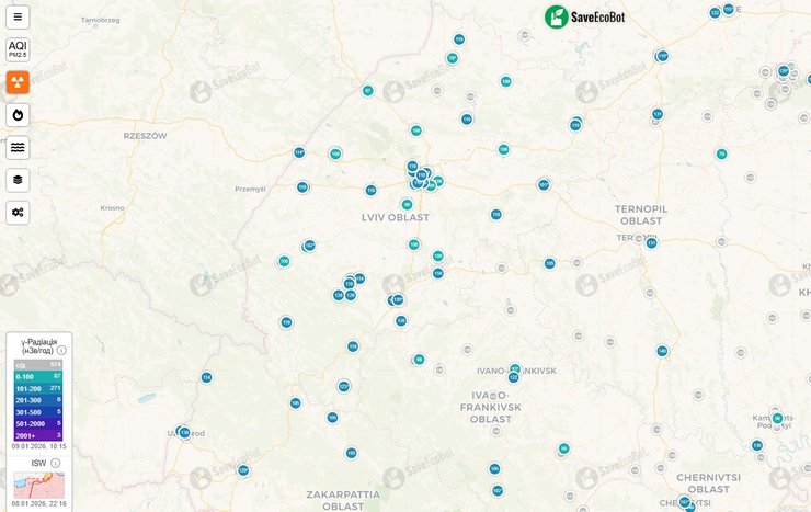 Карта радиационного фона, Львов и Львовская область, 8 января