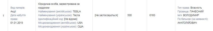 Депутат Владимир Пачесный задекларировал 500 акций компании Tesla
