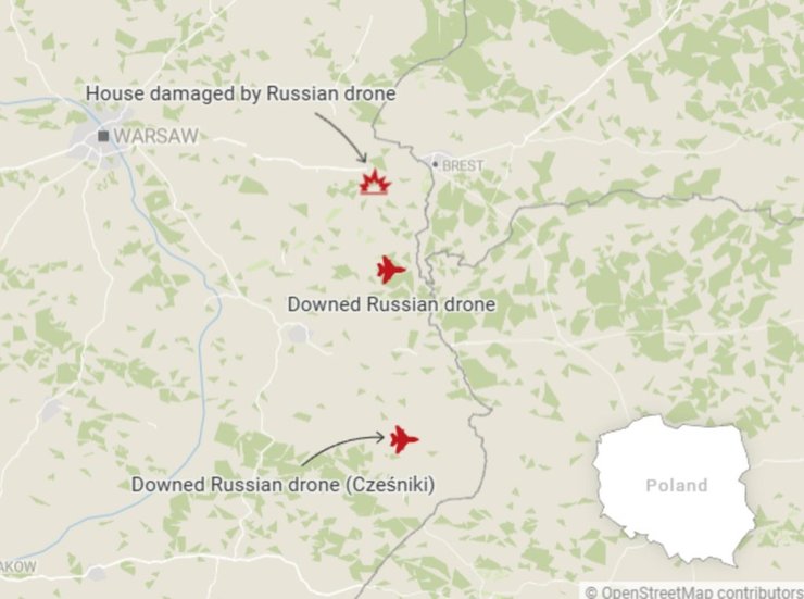 дроны РФ в Польше карта