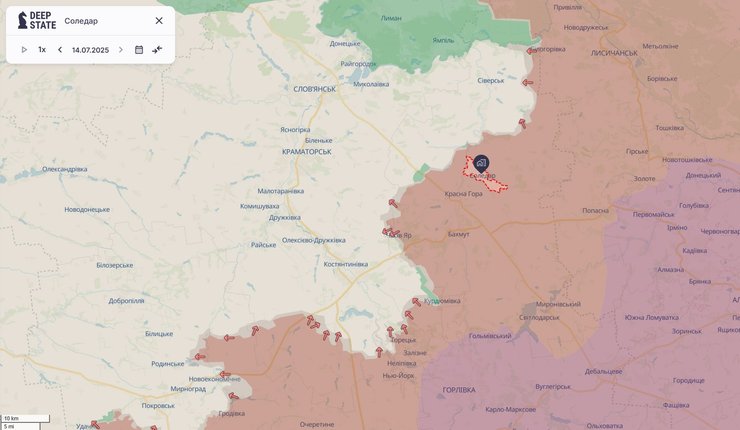 Під Краматорськом фронт проходить за 2-8 км від Соледару та Бахмуту, карта 15 липня