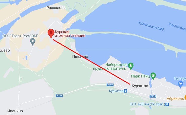 Відстань від Курської АЕС до м. Курчатов