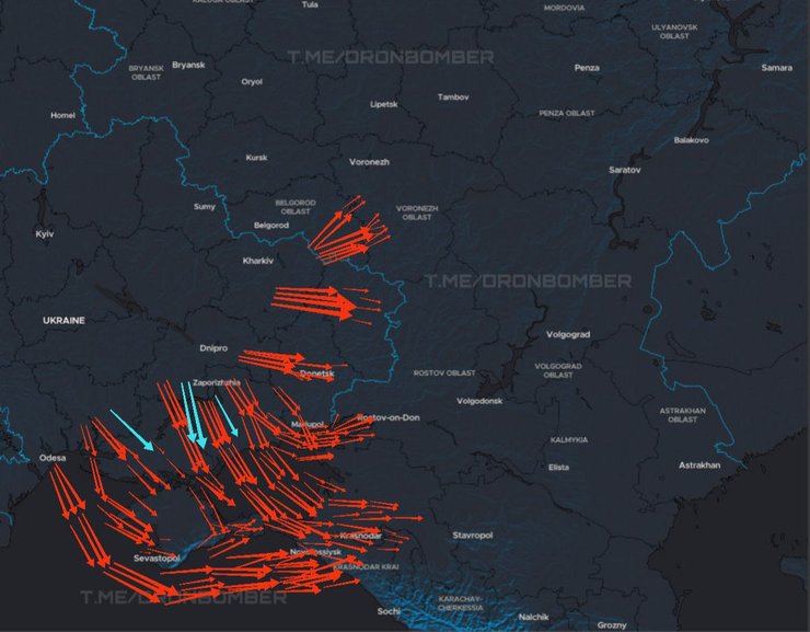Інфографіка з траєкторією руху БпЛА України в ніч на 17 лютого