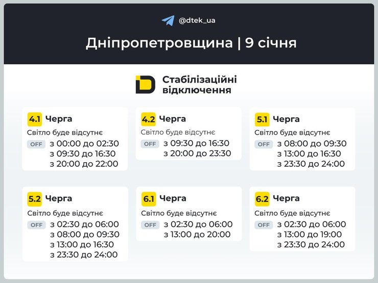 Графіки відключень світла в Дніпропетровській області на 9 січня