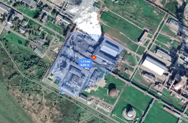 Карта  координами удару по заводу "Дорогобуж" 25 лютого