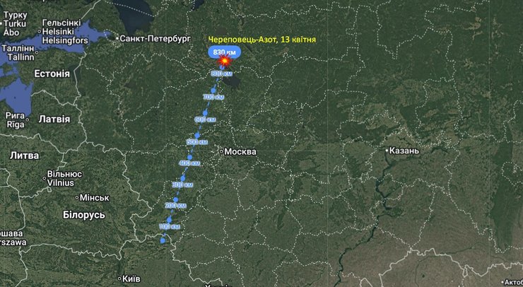 Карта з відстанню від "Череповець-Азот" до України