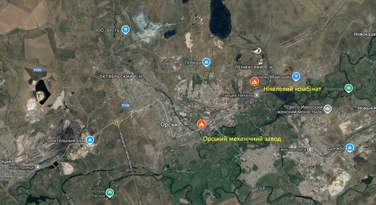 Карта с местоположением Орского механического завода и никелевого комбината