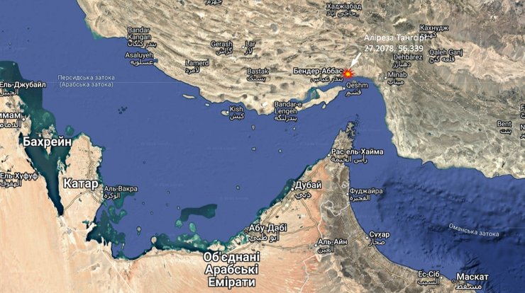 Карта з точкою влучання в Бендер-Аббас, у якій міг загинути Тангсірі 26 березня