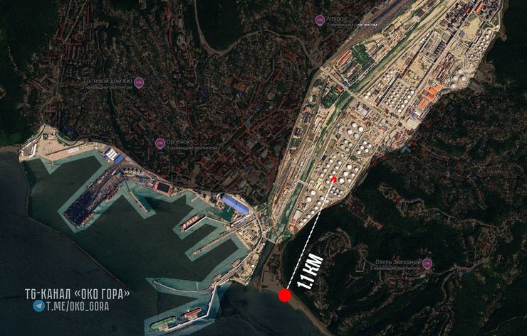 Карта з відстанню між вирвою від "Фламінго" до резервуварів з пальним в Туапсе