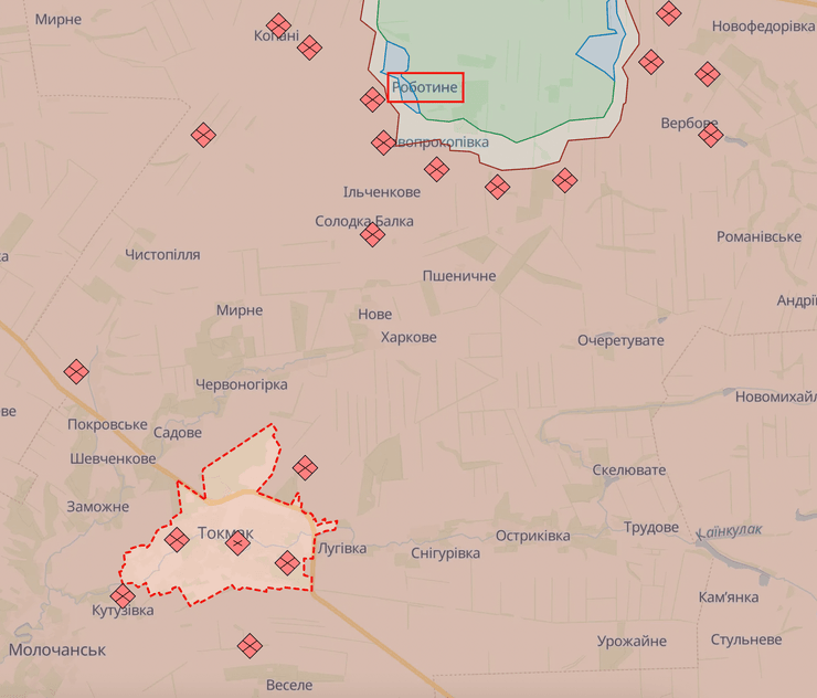 Токмак, Работино, Запорожская область, карта боевых действий