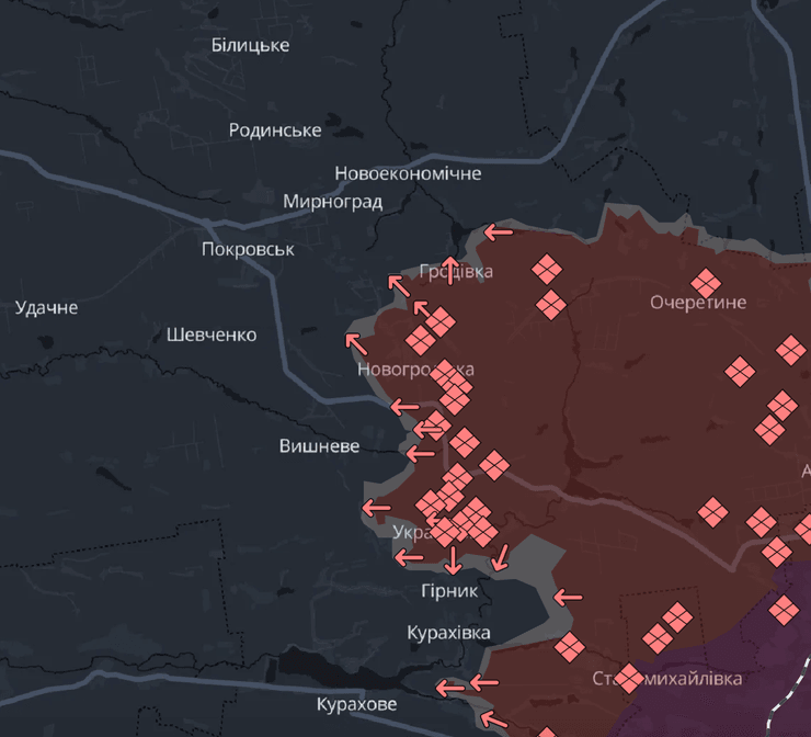 Карта бойових дій, битва за Покровськ, фронт