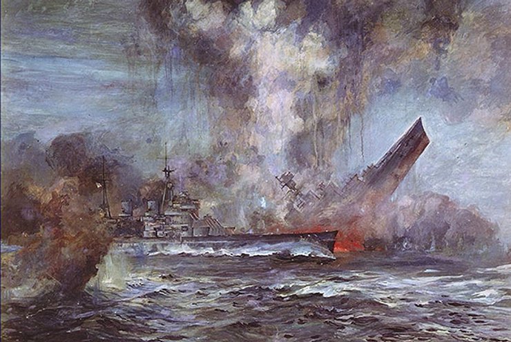 HMS Hood тоне в битві з німецьким Bismarck, полотно Ганса Шмітца-Віденбрюка, US Naval Historical Center