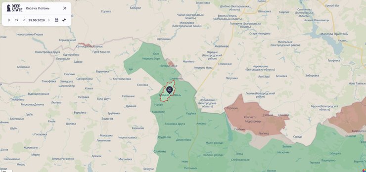 карта фронту біля Козачої Лопані на Харківщині, DeepState, 29 червня