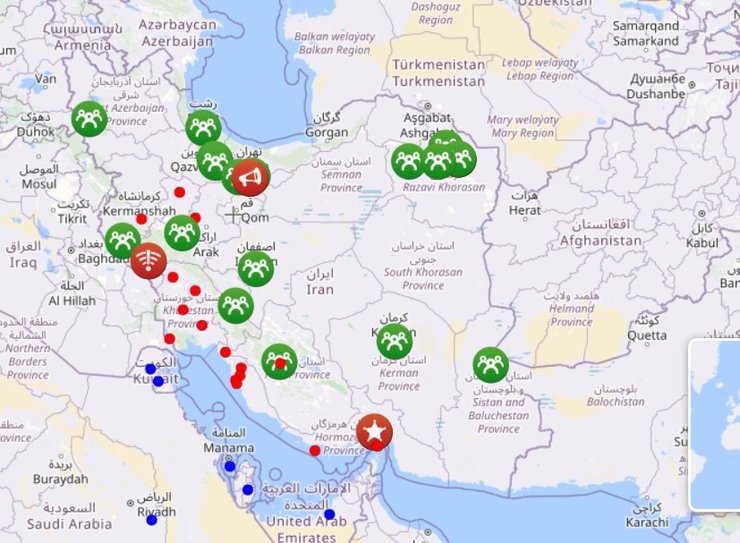 карта протестов в Иране по состоянию на 8 января, liveuamap