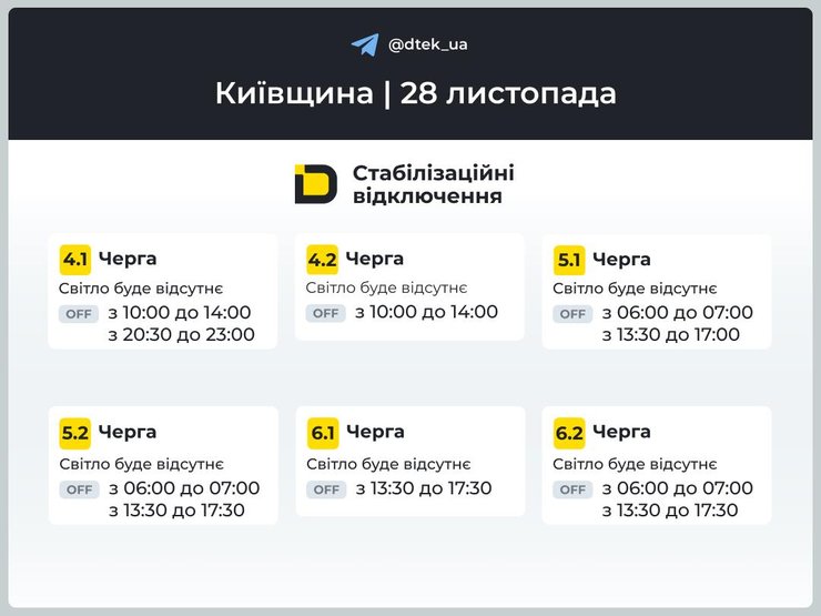 Графіки відключень електроенергії в Київській області на 28 листопада