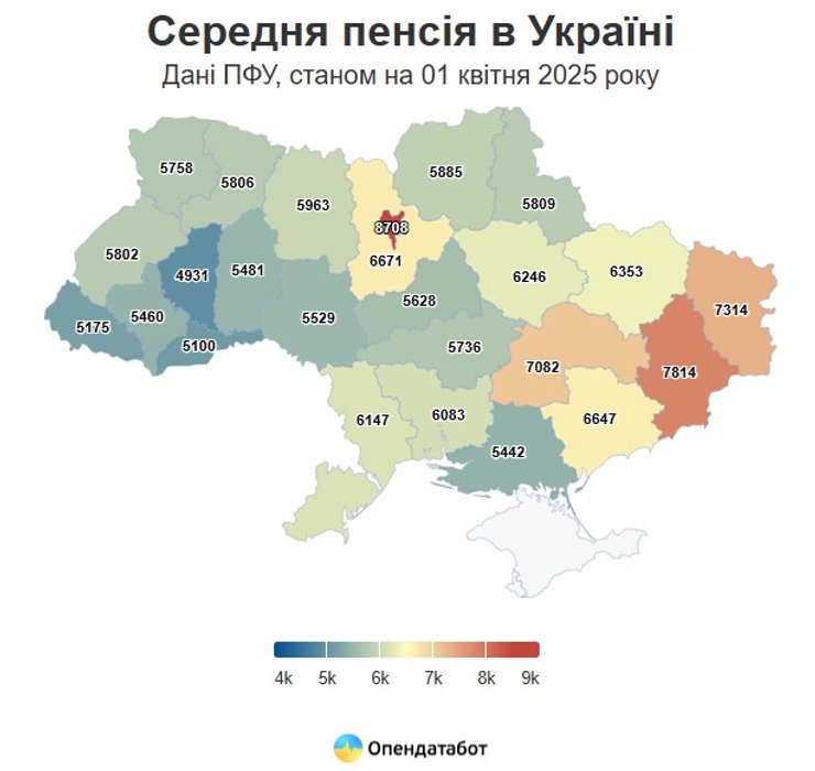 Пенсия в Украине , пенсия апрель 2025, инфографика, ПФУ, области Украины