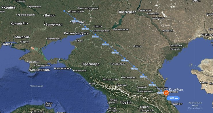 карта з відстанню від України до Каспійська