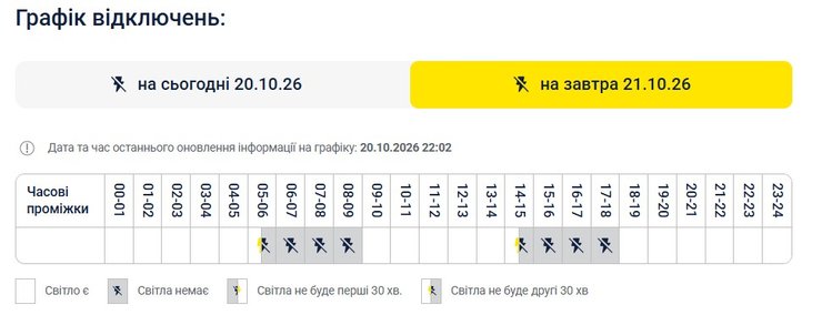 дані ДТЕК про графіки для Києва на 21 жовтня