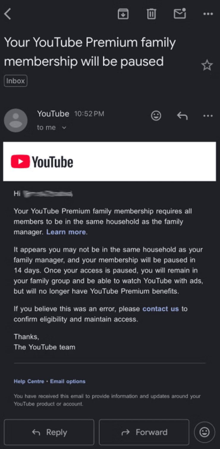 YouTube Premium семейная подписка блокировка