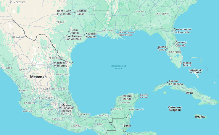 Внутреннее море западной части Атлантического океана площадью 1543 тыс. км² ограничено с северо-запада, севера и востока побережьем США (штаты Флорида, Алабама, Миссисипи, Луизиана и Техас), на юге и юго-западе — побережьем Мексики (штаты Тамаулипас, Веракрус, Табаско, Кампече, Юкатан), а также островом Куба.