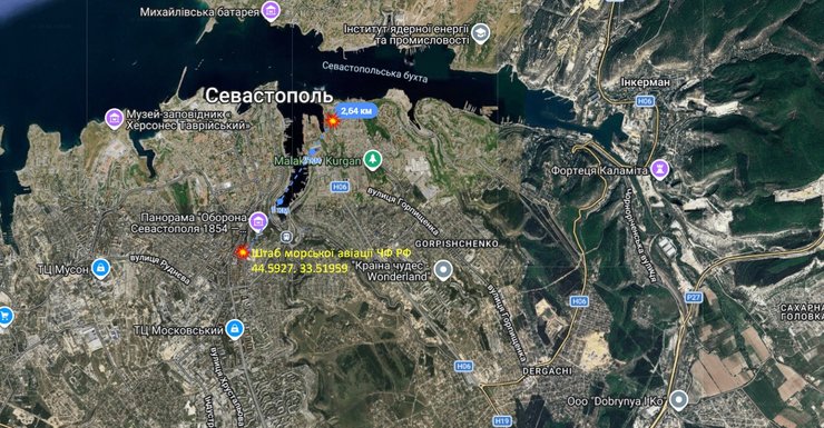 карта з точками влучання у Севастополі, 27 травня